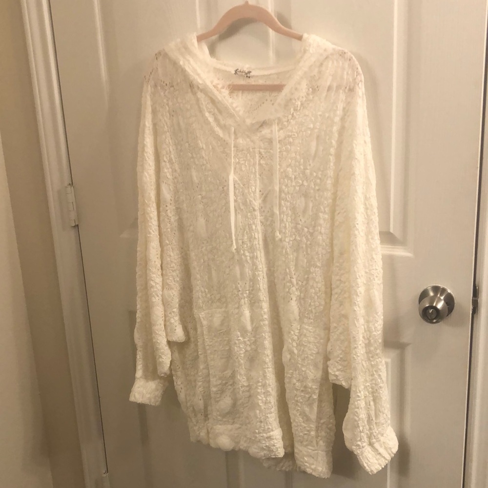 Free People Cream Lace Hooded Oversized Pullover